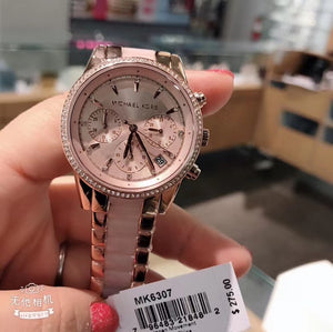 美国直邮！经典款！Michael Kors 水晶Bezel 玫瑰金粉色女款手表MK6307