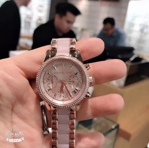 美国直邮！经典款！Michael Kors 水晶Bezel 玫瑰金粉色女款手表MK6307